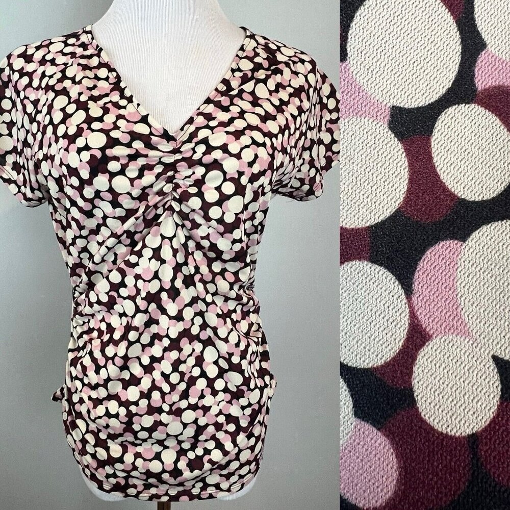 Nine West Y2K Purple‎ Polka Dot Blouse Gathered Bodice Size Large